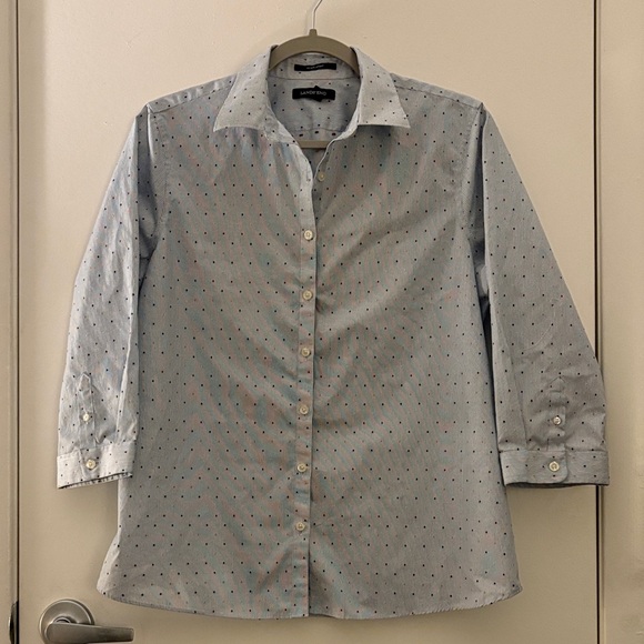 Lands' End Tops - Lands' End Woman’s No Iron Supima Blue and Red Dot 3/4 Sleeve Career Shirt SZ 10